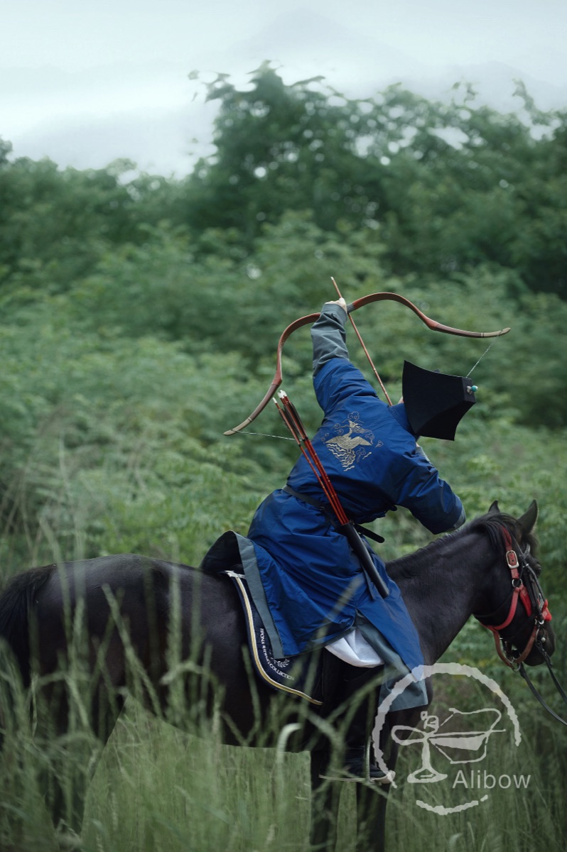 A mounted archer in blue robes shooting a traditional bow to the rear from a dark horse moving through tall grass.