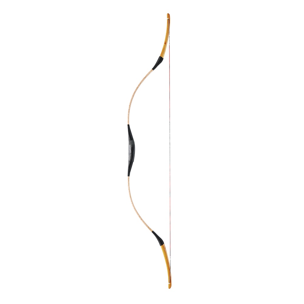 A strung fiberglass horsebow with pale limbs, black grip and orange tip overlays, laid diagonally on a white background.